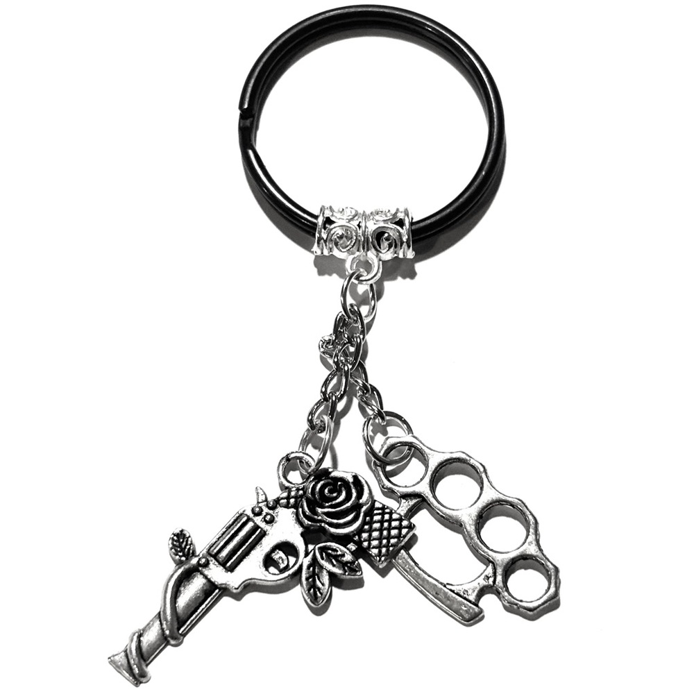 Silver Keychain with Pistol and Brass Knuckles Charm